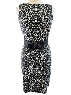 Joseph Ribkoff Black & Beige Baroque Pattern Jacquard Sheath Dress w/Belt Size 8